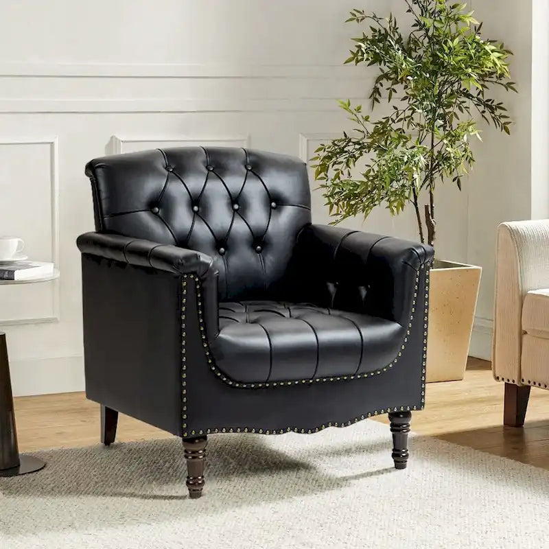 Tufted PU Leather Accent Chair with Nailhead Trim, Single Seat – Camel / Beige / Black / Brown / Blue Black / Dark Red