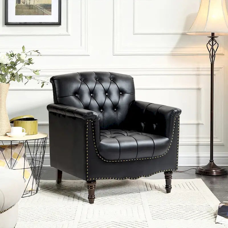 Tufted PU Leather Accent Chair with Nailhead Trim, Single Seat – Camel / Beige / Black / Brown / Blue Black / Dark Red