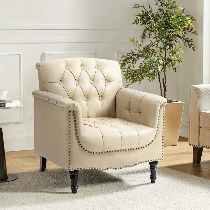 Tufted PU Leather Accent Chair with Nailhead Trim, Single Seat – Camel / Beige / Black / Brown / Blue Black / Dark Red