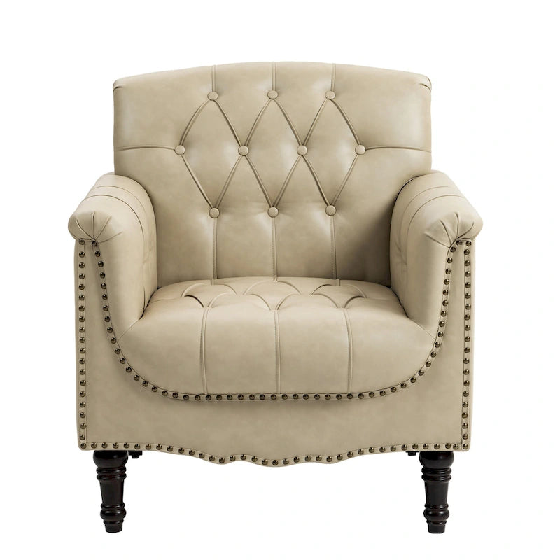 Tufted PU Leather Accent Chair with Nailhead Trim, Single Seat – Camel / Beige / Black / Brown / Blue Black / Dark Red