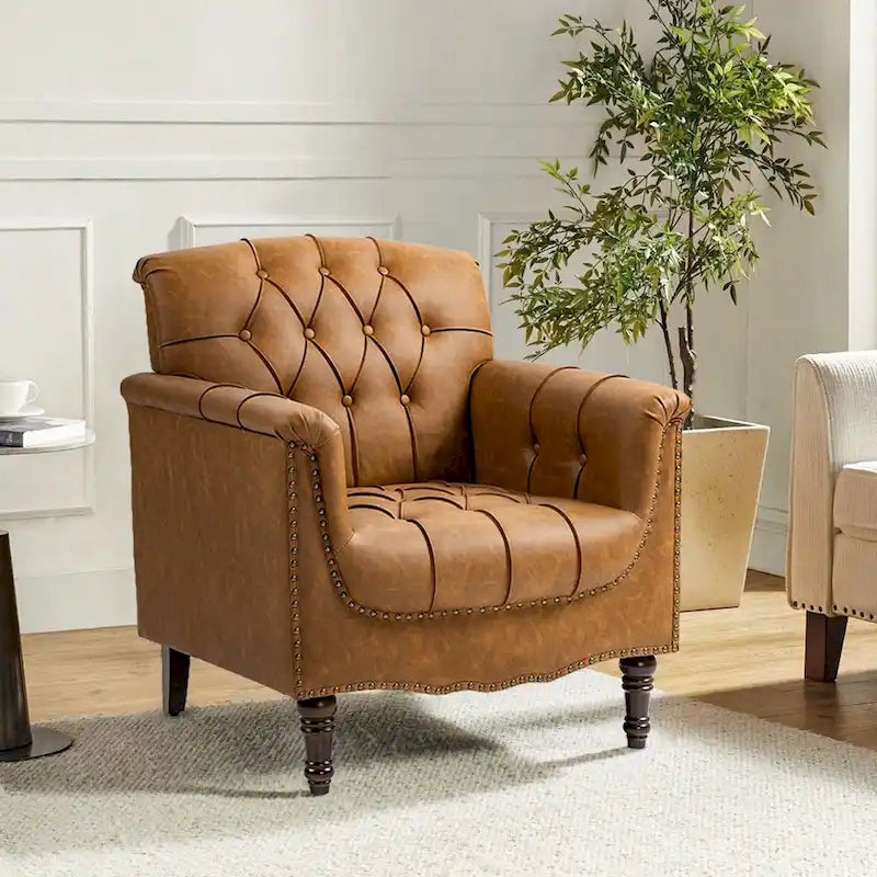 Tufted PU Leather Accent Chair with Nailhead Trim, Single Seat – Camel / Beige / Black / Brown / Blue Black / Dark Red