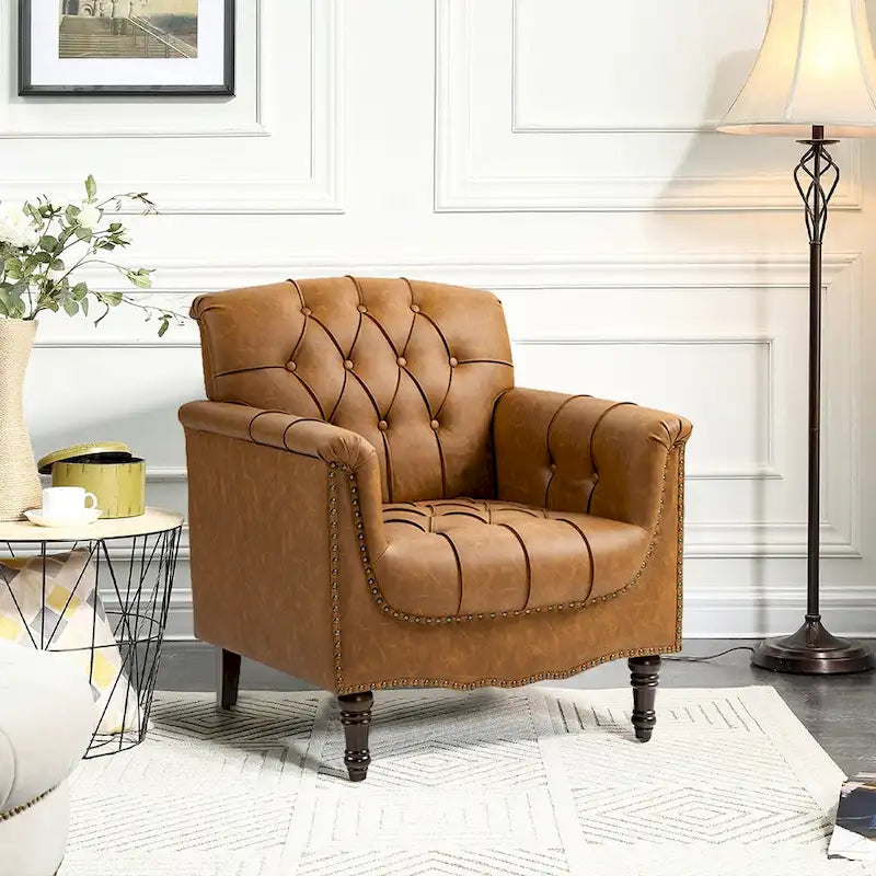 Tufted PU Leather Accent Chair with Nailhead Trim, Single Seat – Camel / Beige / Black / Brown / Blue Black / Dark Red