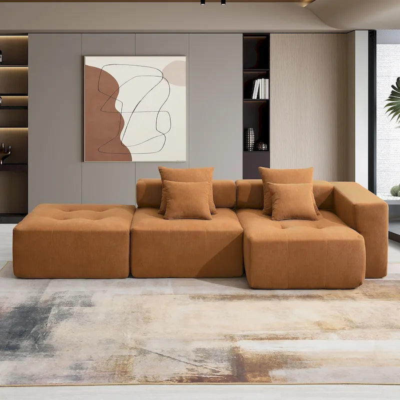 Brown/Gray/Green L-Shaped Modular Sectional Sofa, Corduroy, 4-Seater