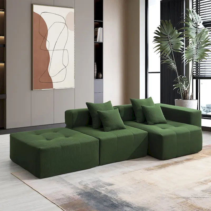 Brown/Gray/Green L-Shaped Modular Sectional Sofa, Corduroy, 4-Seater
