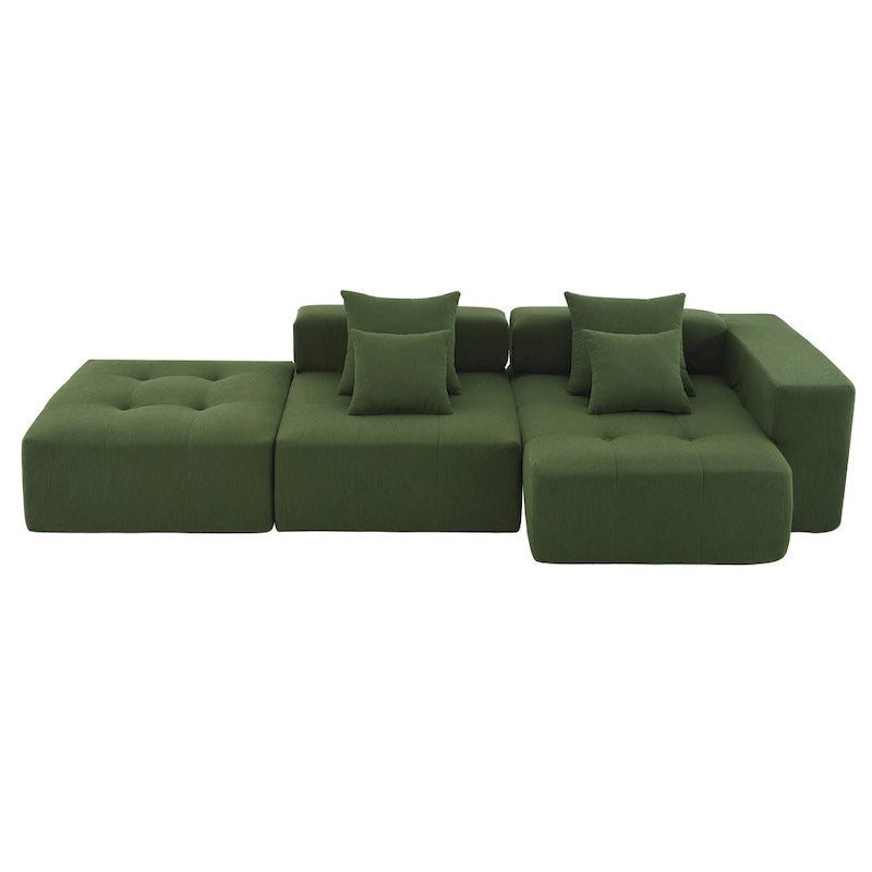 Brown/Gray/Green L-Shaped Modular Sectional Sofa, Corduroy, 4-Seater