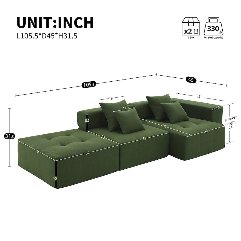 Brown/Gray/Green L-Shaped Modular Sectional Sofa, Corduroy, 4-Seater