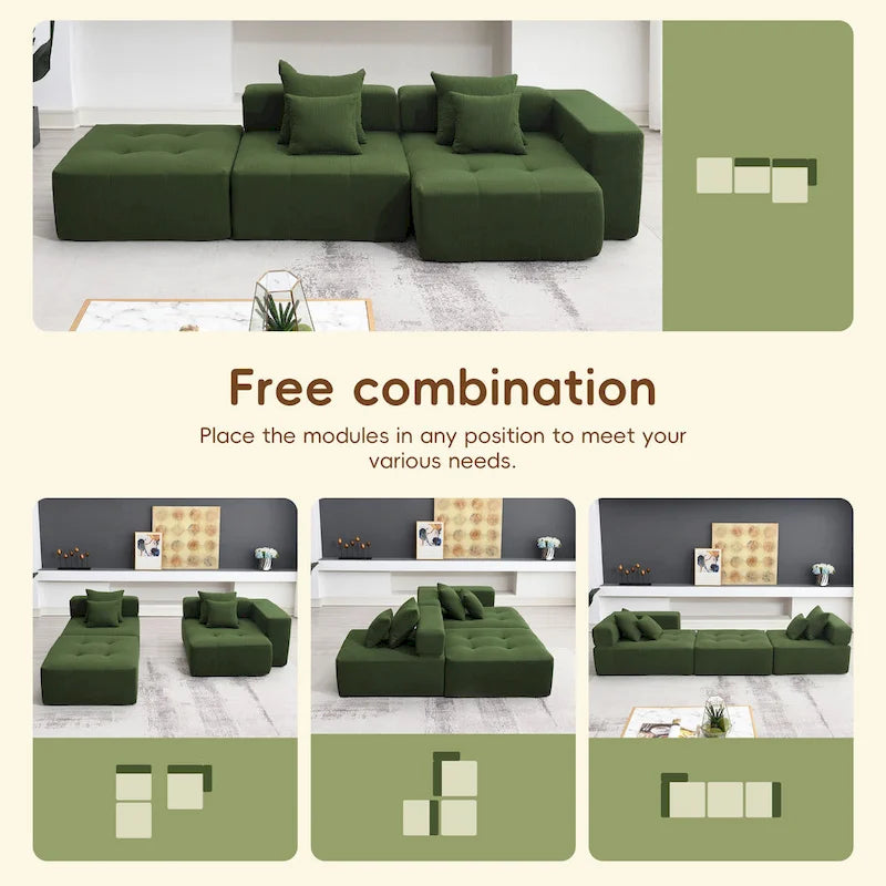Brown/Gray/Green L-Shaped Modular Sectional Sofa, Corduroy, 4-Seater
