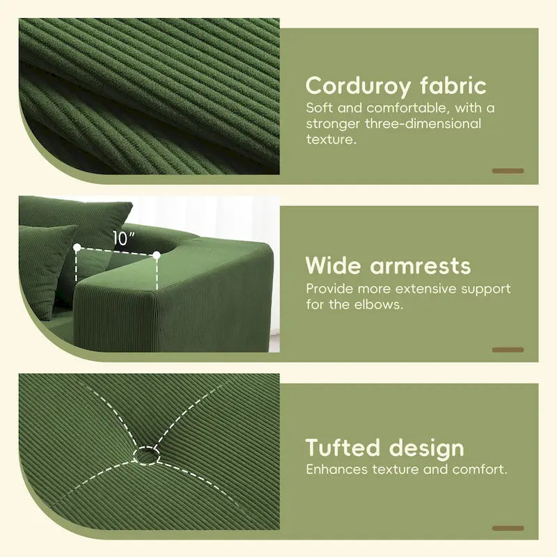 Brown/Gray/Green L-Shaped Modular Sectional Sofa, Corduroy, 4-Seater
