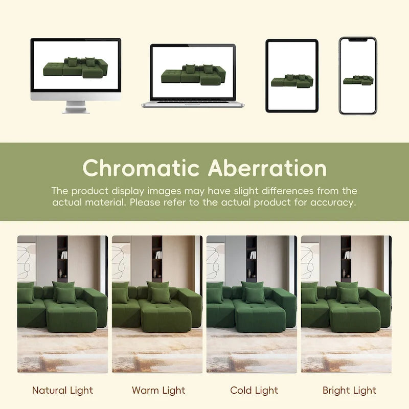 Brown/Gray/Green L-Shaped Modular Sectional Sofa, Corduroy, 4-Seater