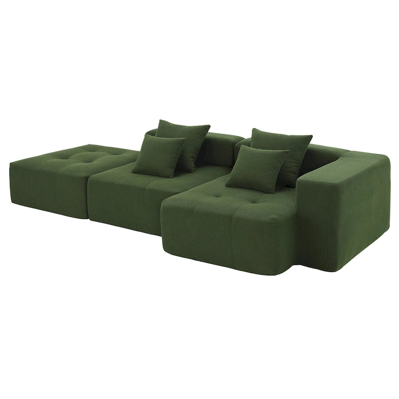Brown/Gray/Green L-Shaped Modular Sectional Sofa, Corduroy, 4-Seater