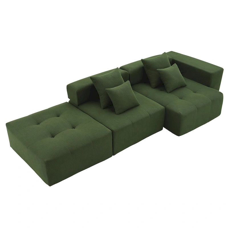 Brown/Gray/Green L-Shaped Modular Sectional Sofa, Corduroy, 4-Seater