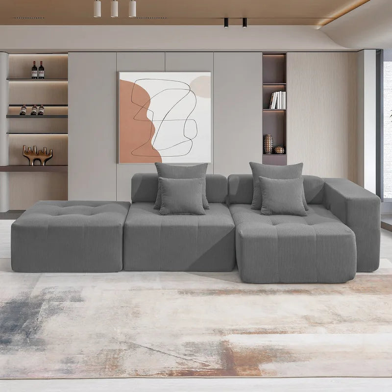 Brown/Gray/Green L-Shaped Modular Sectional Sofa, Corduroy, 4-Seater