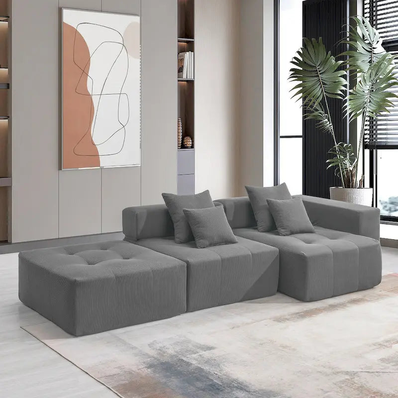Brown/Gray/Green L-Shaped Modular Sectional Sofa, Corduroy, 4-Seater