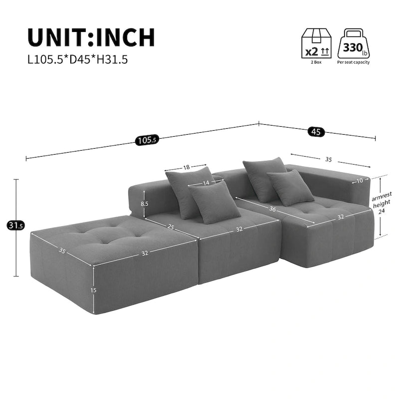 Brown/Gray/Green L-Shaped Modular Sectional Sofa, Corduroy, 4-Seater