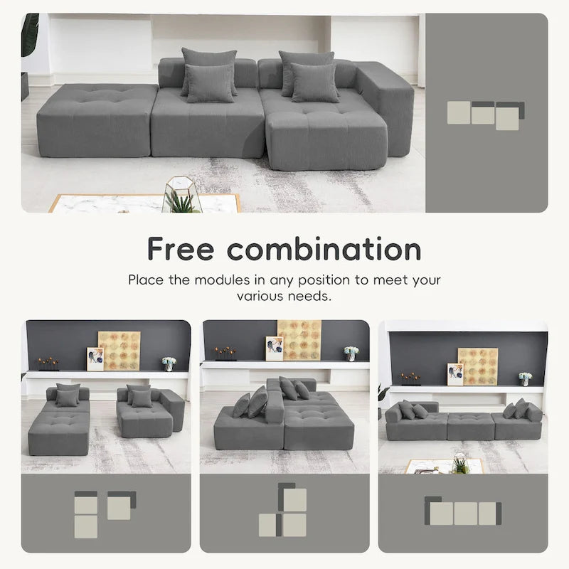 Brown/Gray/Green L-Shaped Modular Sectional Sofa, Corduroy, 4-Seater