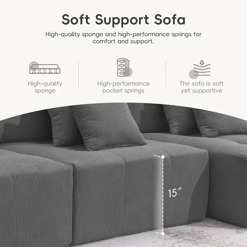 Brown/Gray/Green L-Shaped Modular Sectional Sofa, Corduroy, 4-Seater
