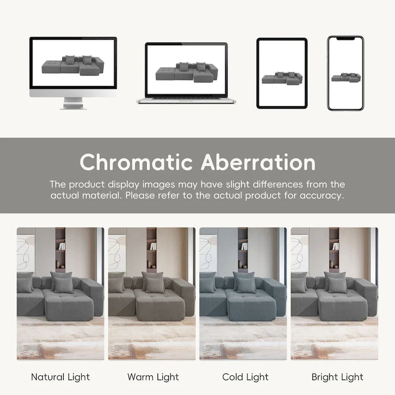 Brown/Gray/Green L-Shaped Modular Sectional Sofa, Corduroy, 4-Seater