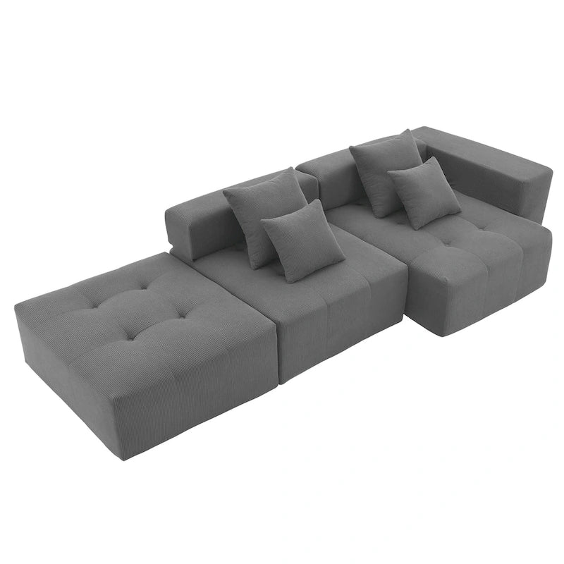 Brown/Gray/Green L-Shaped Modular Sectional Sofa, Corduroy, 4-Seater