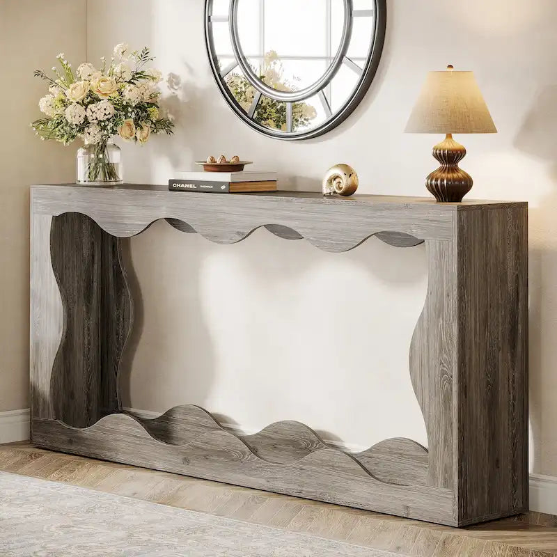 63" Rectangular Console Table with Wavy Edge, Brown / Wood / Grey, 1-Person Assembly
