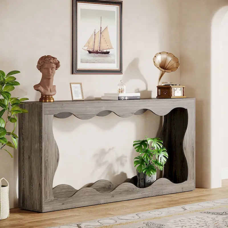 63" Rectangular Console Table with Wavy Edge, Brown / Wood / Grey, 1-Person Assembly