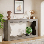 63" Rectangular Console Table with Wavy Edge, Brown / Wood / Grey, 1-Person Assembly