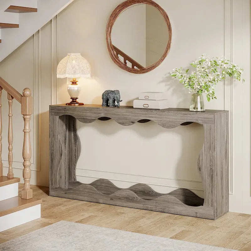 63" Rectangular Console Table with Wavy Edge, Brown / Wood / Grey, 1-Person Assembly