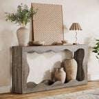 63" Rectangular Console Table with Wavy Edge, Brown / Wood / Grey, 1-Person Assembly
