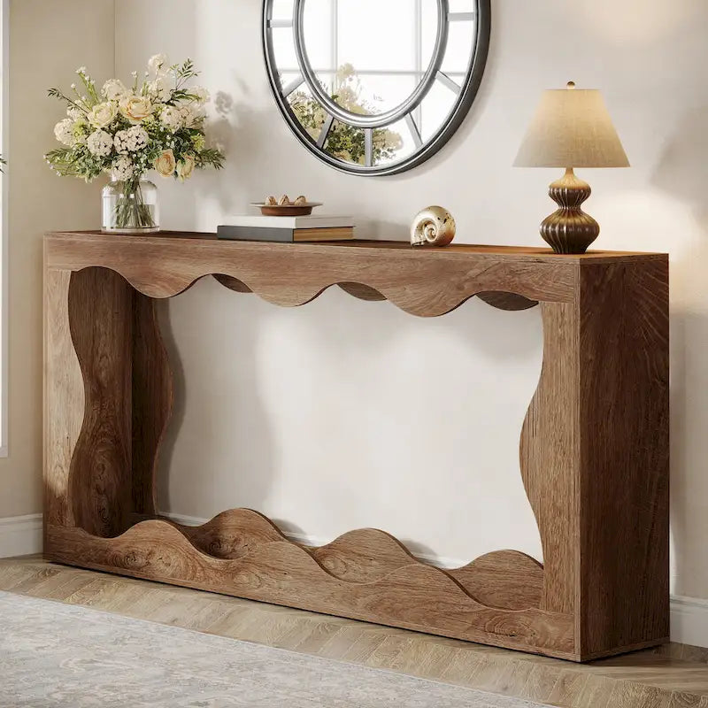 63" Rectangular Console Table with Wavy Edge, Brown / Wood / Grey, 1-Person Assembly