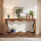 63" Rectangular Console Table with Wavy Edge, Brown / Wood / Grey, 1-Person Assembly