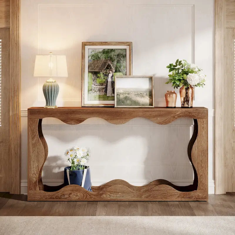 63" Rectangular Console Table with Wavy Edge, Brown / Wood / Grey, 1-Person Assembly