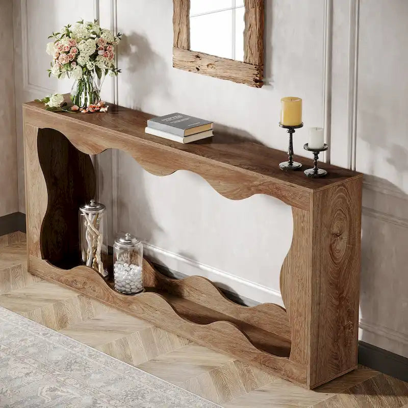 63" Rectangular Console Table with Wavy Edge, Brown / Wood / Grey, 1-Person Assembly