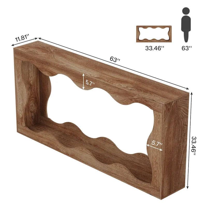 63" Rectangular Console Table with Wavy Edge, Brown / Wood / Grey, 1-Person Assembly