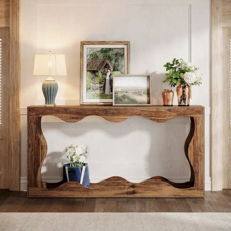 63" Rectangular Console Table with Wavy Edge, Brown / Wood / Grey, 1-Person Assembly