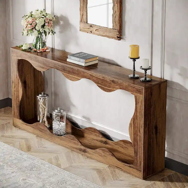 63" Rectangular Console Table with Wavy Edge, Brown / Wood / Grey, 1-Person Assembly