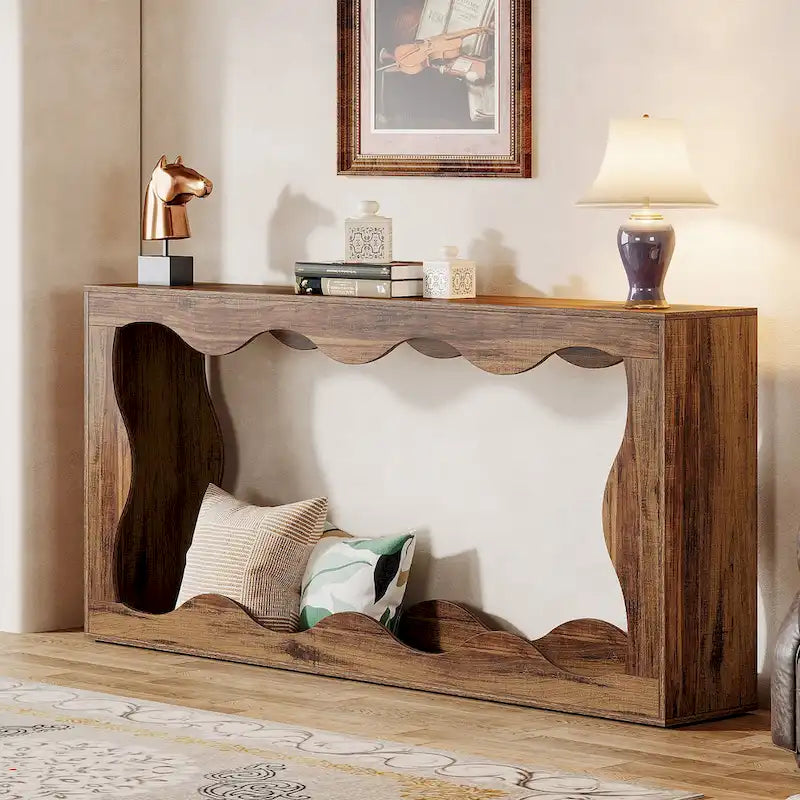 63" Rectangular Console Table with Wavy Edge, Brown / Wood / Grey, 1-Person Assembly
