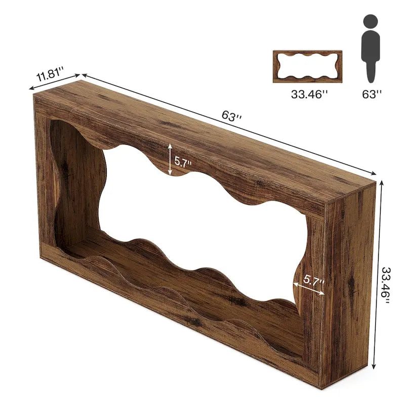 63" Rectangular Console Table with Wavy Edge, Brown / Wood / Grey, 1-Person Assembly