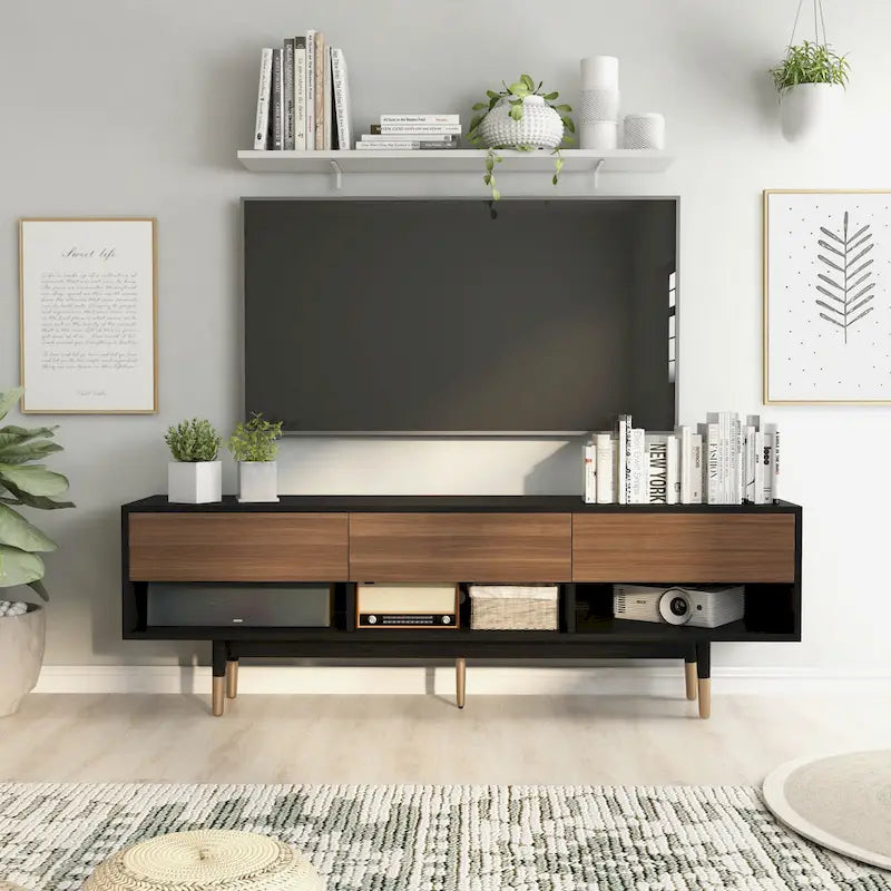 Black Mid-Century Modern TV Stand, 1-Piece, 71"