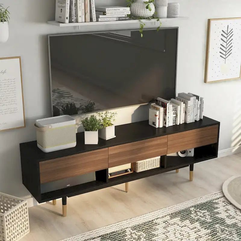 Black Mid-Century Modern TV Stand, 1-Piece, 71"