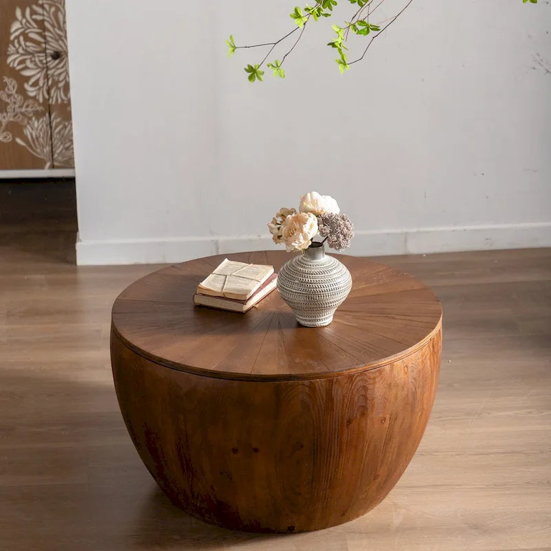 Brown Barrel-Shaped Coffee Table with Storage, 1-Person Use