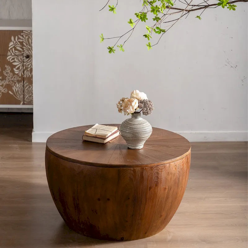 Brown Barrel-Shaped Coffee Table with Storage, 1-Person Use