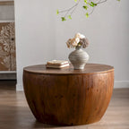 Brown Barrel-Shaped Coffee Table with Storage, 1-Person Use