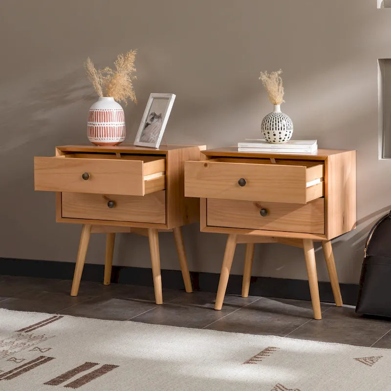Walnut / Light Oak / White / Black / Caramel / Natural Pine Mid-Century 2-Drawer Nightstand, Set of 2