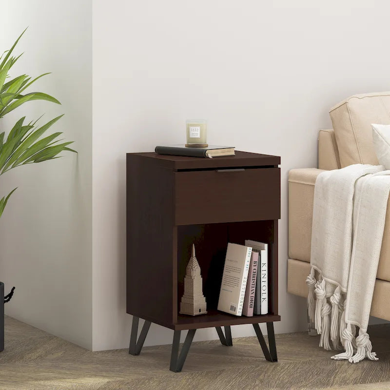 Walnut Tall Nightstand with Drawer, Single, Modern Industrial