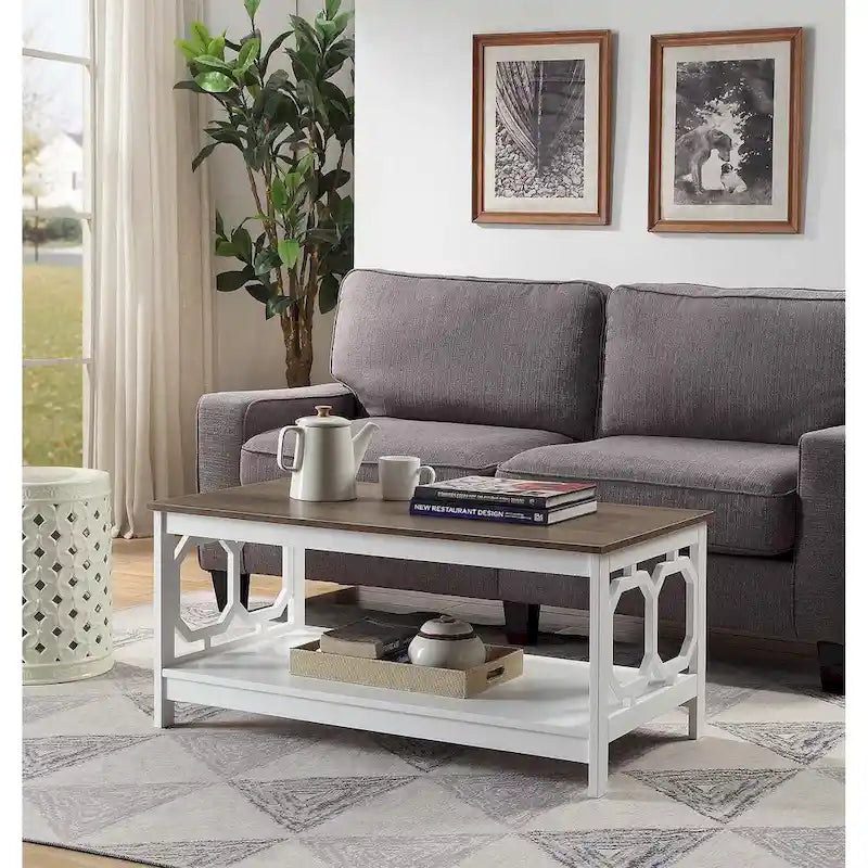 Multi-Color 2-Tier Coffee Table with Shelf, Geometric Cutout Style, Seats 1