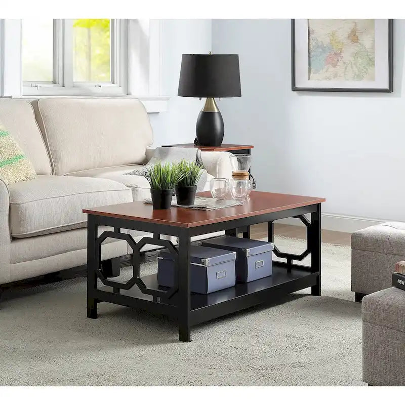 Multi-Color 2-Tier Coffee Table with Shelf, Geometric Cutout Style, Seats 1