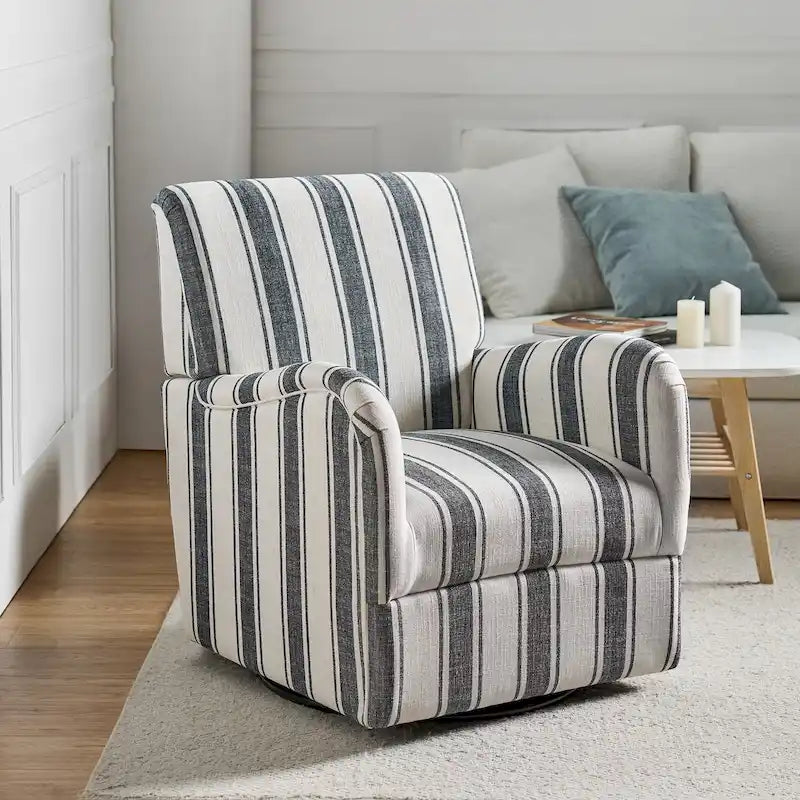 Black/Navy/Grey/Blue Jacobean Stripe Traditional Swivel Armchair, Single Seat