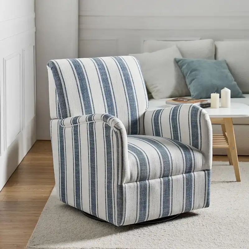 Black/Navy/Grey/Blue Jacobean Stripe Traditional Swivel Armchair, Single Seat