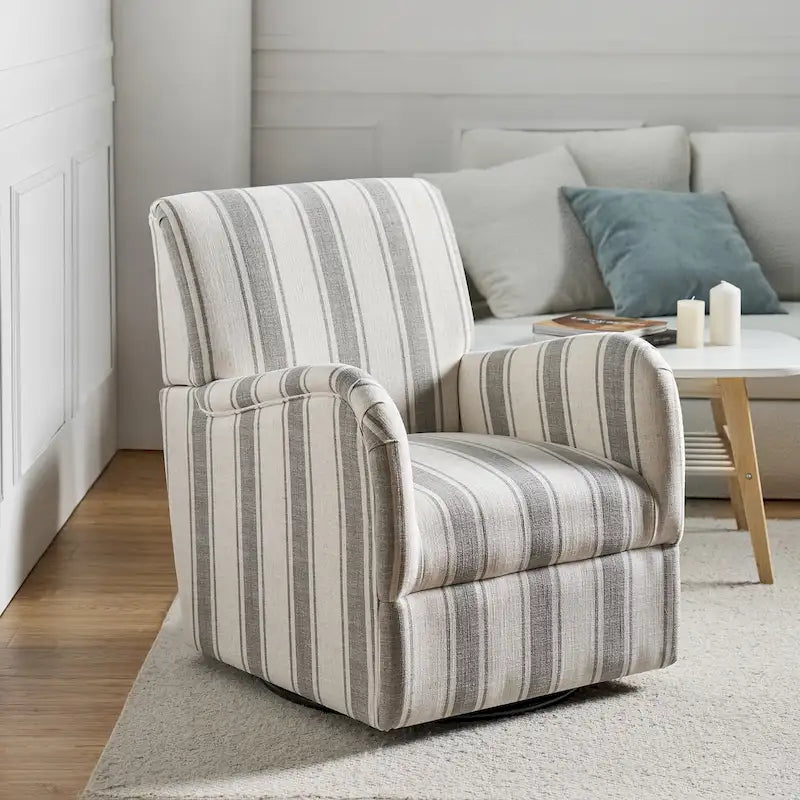 Black/Navy/Grey/Blue Jacobean Stripe Traditional Swivel Armchair, Single Seat