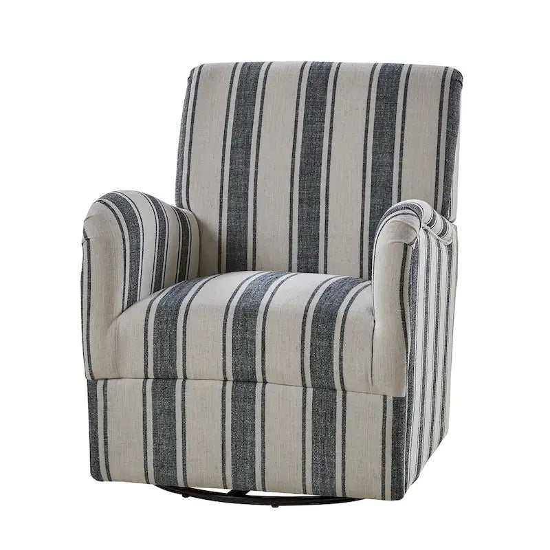 Black/Navy/Grey/Blue Jacobean Stripe Traditional Swivel Armchair, Single Seat