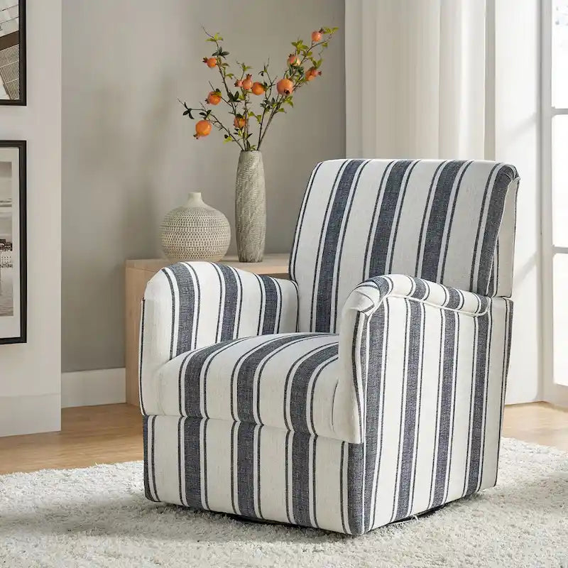 Black/Navy/Grey/Blue Jacobean Stripe Traditional Swivel Armchair, Single Seat